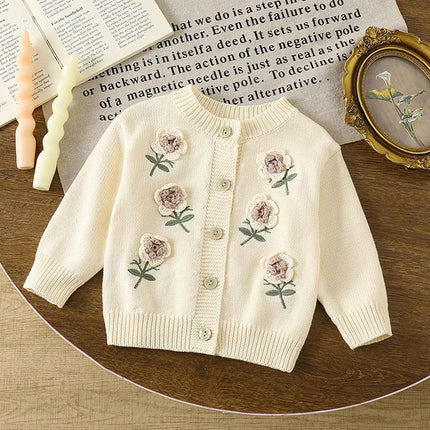 Infant Girl Knitting Cardigan Toddler Baby Girls Sweater Coat Autumn Hand Hook Three-Dimensional Flower Sweater Knitted Cardigan