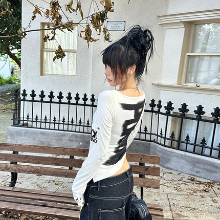 Tonngirls American Retro Print T-shirt Women Long Sleeve Button Graphic Tops Y2k Tops 2000s Japanese Grunge Tops E-girls Autumn
