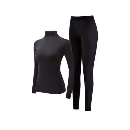 2 Pieces Women Thermal Base Layer Set High Elastic Seamless Bodysuit Stacked Collar Warm Long Sleeve Skin Suit Winter Underwear