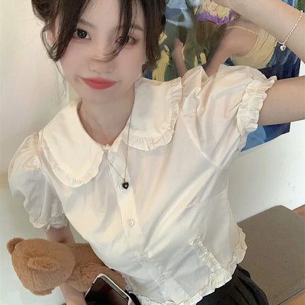 White Doll Collar Bubble Sleeve Shirt Women's Summer 2025 New Design Sweet Short Style Top Polyester Fabric Pure Color Fresh...