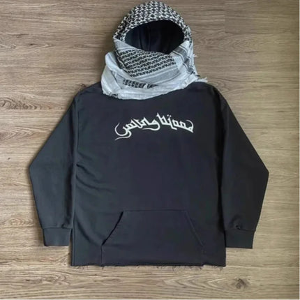 Arab Style Aesthetic Plaid Contrast Scarf Decorative Hoodie Autumn Winter Long Sleeved Letter Printing Loose Street Fashion Coat