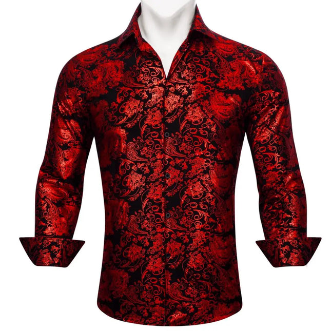 Luxury Silk Shirts for Men Long Sleeve Gold Black Floral Embroidered Regular Slim Fit Male Tops Regular Lapel Bloues Barry Wang