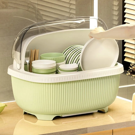 Large Capacity Dish Drainer With Roof Cover Dustproof Multifunctional Kitchen Utensils Rack Cupboard Plastic