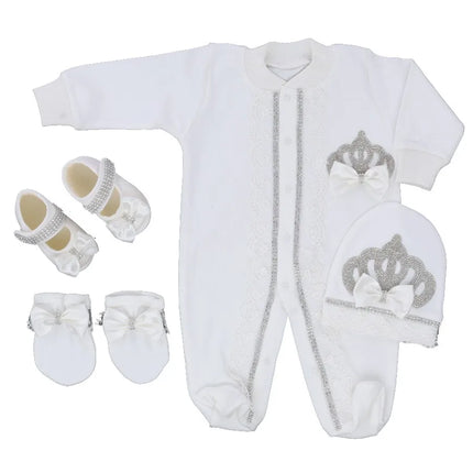 Dollbling Royal Bling Jewelry Crown Gift Clothing Sets Welcome Home Baby Rompers Mittens Bonnet Pajamas Outfit 4pcs Layette