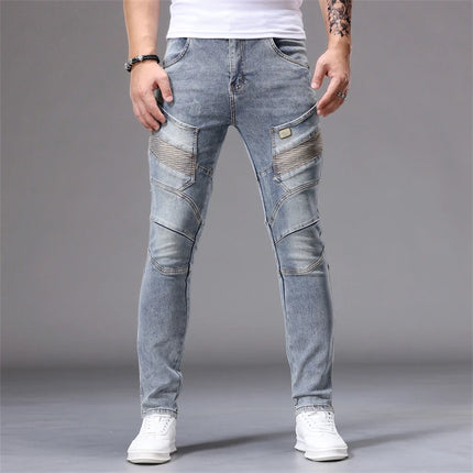Men's Patchwork Skinny Ripped Jeans Fashion Trousers Elastic Slim Hole Biker Denim Pants Hip-hop Rock American Streetwear