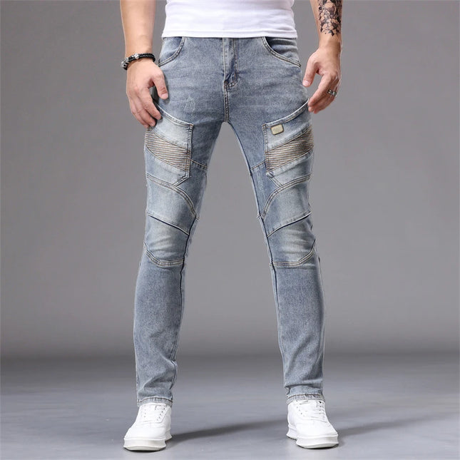 Men's Patchwork Skinny Ripped Jeans Fashion Trousers Elastic Slim Hole Biker Denim Pants Hip-hop Rock American Streetwear