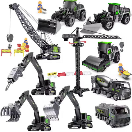 Plastic Vehicle Education + Diecast Excavator Tractor Cement Truck Car Bulldozer Crane Toy Model Wholesale Boy Gift Digger Alloy