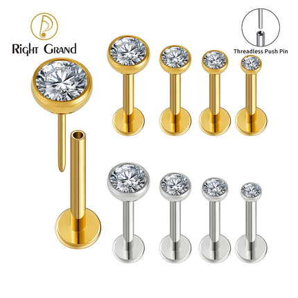 Right Grand ASTM F136 Titanium 18G/16G Threadless Push Pin Flat Back Stud 2/2.5/3/4mm CZ Cartilage Tragus Helix Nose Piercing