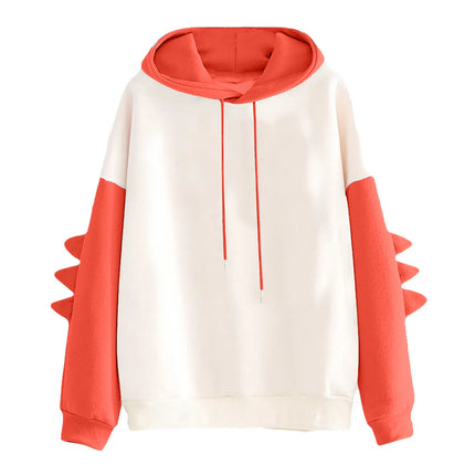 Women Cute Kawaii Japanese Style Hoodies Dinosaur Long Sleeve Drawstring Hooded Pullover Tops Color Blocking Casual Sweatshirts