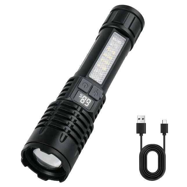 BORUiT Powerful LED Flashlight 18650 Handheld Flashlight Type-C Rechargeable Zoomable Torch with Digital Display Outdoor Torch