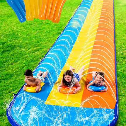 Joyfy 22.5ft Lawn Triple Water Slide with 3 BodyBoards Water Summer Toy with Build in Advanced Sprinkler for Backyard Summer Fun