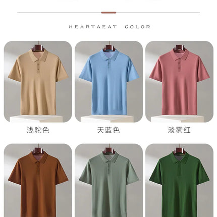 100% Lyocell men's T-shirt casual solid color knitted pullover short sleeved loose POLO collar Tees Pull on vest Tops