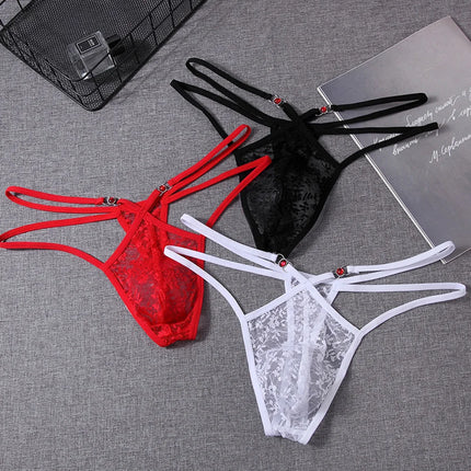 Men's Transparent Thongs Lace Flower Pattern U Pouch Convex Underwear Seamless Hollow Ventilate Male Lingerie