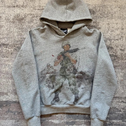 European and American Autumn and Winter Sports Hooded Pullover Retro Printing Pictures Men and Women Same Grey Loose Hoodie