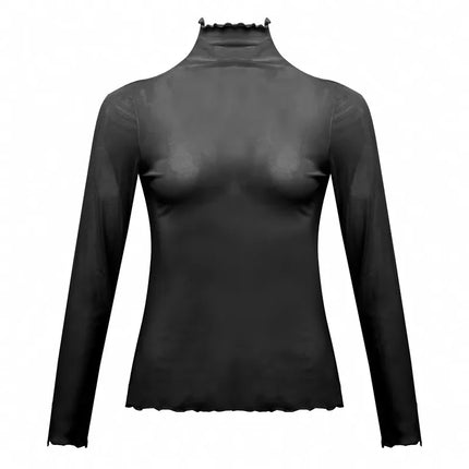 Sexy Women T Shirt See Through Transparent Mesh Tops Long Sleeve Sheer Slim Ladies Solid Turtleneck Silk T-Shirt Lace Crop Top