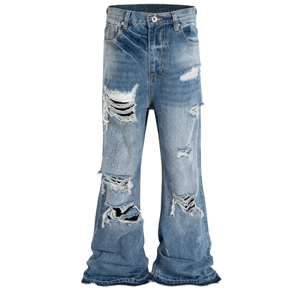 MIJKO Unisex Wide Leg Flared Jeans Torn Hole Cut with Cat Whisker Fringe Blue for Men And Women ZJ014
