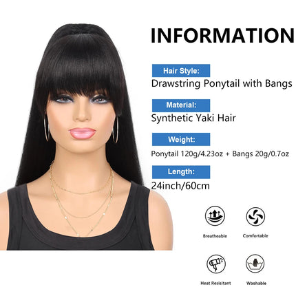 Yaki Drawstring Ponytail Extension with Bangs - Long Yaki Straight Clip in Ponytails Extension for Women Synthetic Hairpiece