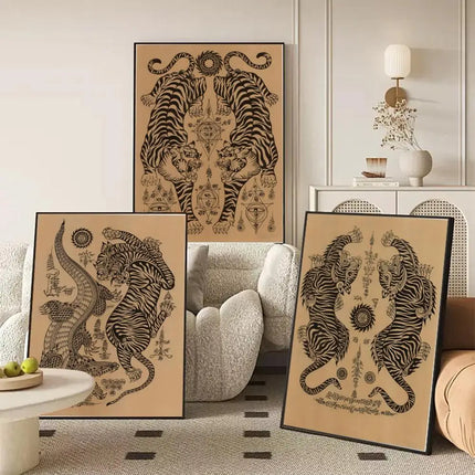 Thai S-Sak Yant Twin Tigers Poster Stickers HD Waterproof Painting Wall Art for Bedroom Living Room Home Decor Decoration Gift