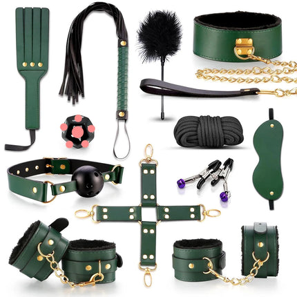 Erotic Bed Bondage Kits Slave Restraint Bondage Set Genuine leather Collar Mouth Gag Whips Handcuffs Adult Sex Toys For Couples