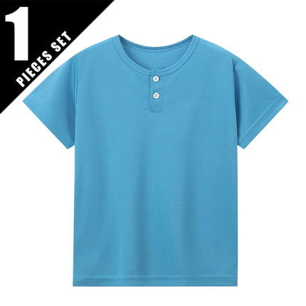 Summer children's solid color fashionable short sleeved button fashion Henry shirt boys and girls casual T-shirt versatile top