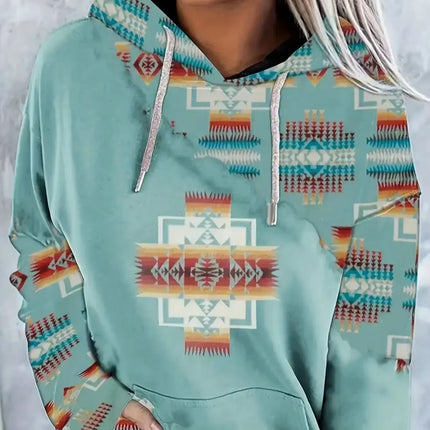 Women's casual fashion round neck pullover hoodie Western ethnic style retro print women's top hoodie