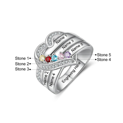 Personalized Family Names Ring With Birthstone Custom Silver Engraved Finger Rings CZ Heart Ring For Women Mother's Day Gifts
