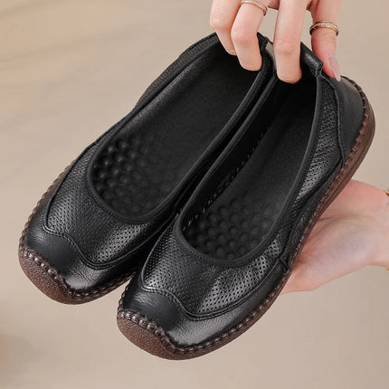 New Real Leather Perforated Ballet Flats Women's Massage Insole Slip On Moccasins Woman Hollow Loafer Casual Daily Shopping Shoe