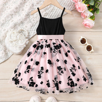 Girls' Spring and Summer Fashion Knit Strap Floral Velvet Mesh Casual Dress Princess Dress Party Holiday Casual Vacation Gift