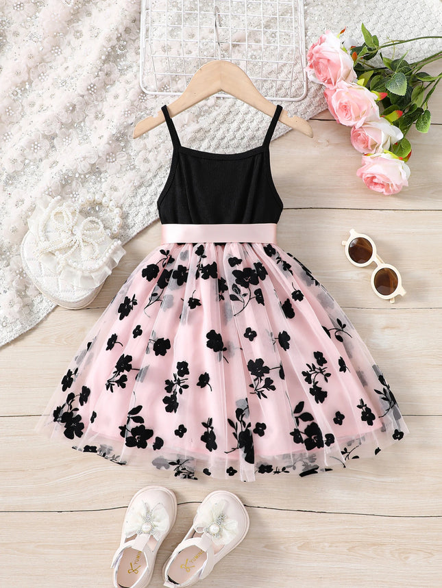 Girls' Spring and Summer Fashion Knit Strap Floral Velvet Mesh Casual Dress Princess Dress Party Holiday Casual Vacation Gift