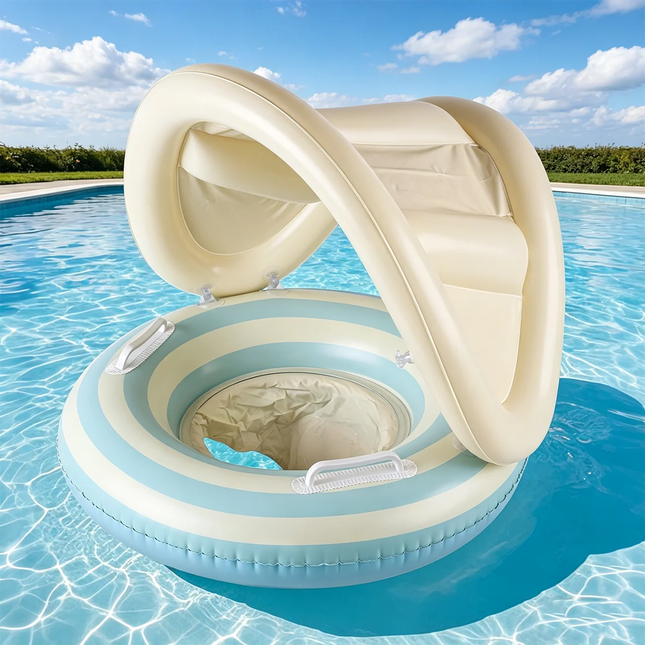 1PC Swimming Ring Inflatables with Detachable Canopy Sun Protection, Stripy Cartoon Float Seat with Handles for Boys Girls