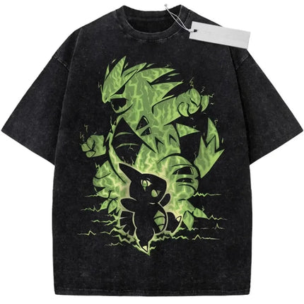 Oversize Vintage Washed Pokemon T Shirt Cute Mimikyu Cartoon with Small Ghost Companion Graffiti Print Streetwear Casual Wear