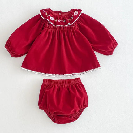 Vintage Lace Embroidery Girls Clothing Set Spring Fall Long Sleeve Infant Baby Jumpsuit for Toddler Girls Clothing Children Suit