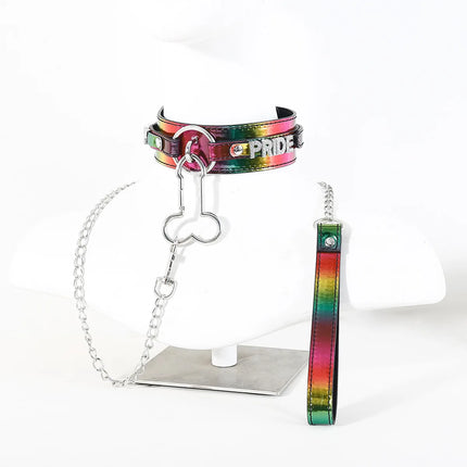 Rainbow BDSM Kit PU Leather Restraints with Handcuffs Cuffs Collar Leash Blindfold Ball Gag Paddle for Couples Role Play Sex Toy
