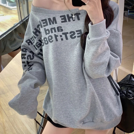 Sexy Oversized T-shirt Women Streetwear Letter Print Skew Collar Off Shoulder Long Sleeve Basic Top Korean Fashion Loose T-shirt