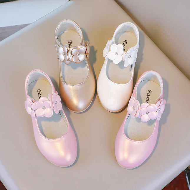 Autumn Girl's Mary Janes Appliques Low Heel Beautiful Kids Princess Shoe Three Colors Pointed Toe Breathable Children Shoe 26-36