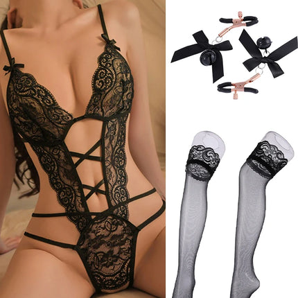 Naughty Red Lingerie Lace Hollow Bodysuit For Women Erotic Backless Sleepdress Teddies Babydoll Underwear Crotchless Open Bra