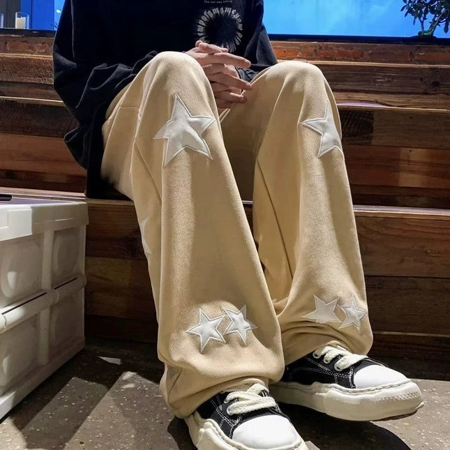 High Street Fashion Men’s Star Pattern Joggers Straight Leg Casual Pants Vintage Inspired Draped Sweatpants All Season