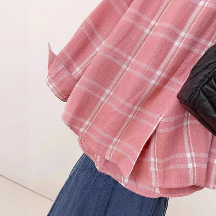 Retro Hong Kong Style Loose Long Sleeve Pink Plaid Shirt Women's Autumn Summer Lazy Slimming Casual Versatile Outerwear Top