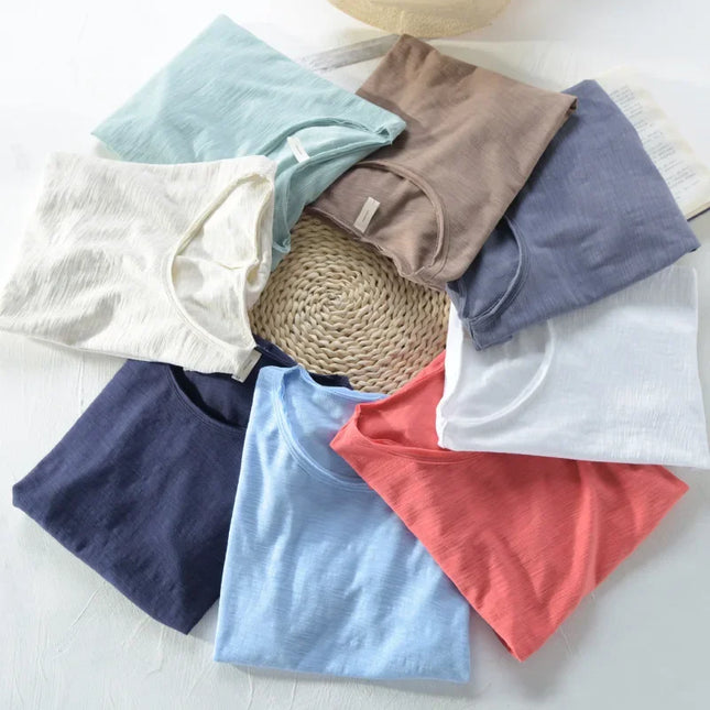 Men's Retro Raw Edge T-Shirt, 100% Cotton, Lightweight, Breathable, Slim-fit, Monochromatic, Crew Neck, Casual Basic Top