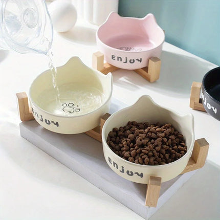 3pcs/set (1pc rack + 2pcs bowl) Non-Slip Ceramic Double Pet Food Bowl for Cats and Dogs - Prevents Spills and Slips
