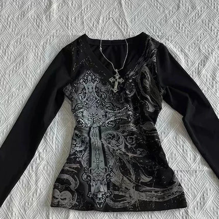 Women's Hip Hop 90s Vintage Punk T-Shirt Autumn Streetwear Sexy Short Sleeve Gothic Slim Crop Top Hotgirl Casual Femme Tee Y2K