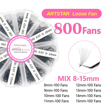 ARTSTAR 800 Fans Loose Fan Lashes Extensions mix8-15mm Length Pointy Base Premade Medium Stem Sharp Thin Russian Volume Lashes
