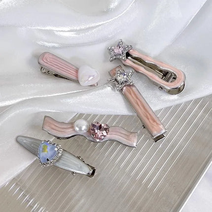 5pcs/set Pink Shiny Rhinestone Hair Clips for Girl Cute Heart Sided Clips Bangs Clips Sweet Headwear Hair Accessory