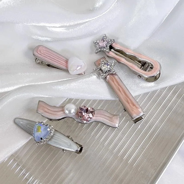 5pcs/set Pink Shiny Rhinestone Hair Clips for Girls Cute Heart Side Clips Bangs Clips Sweet Headwear Hair Accessory