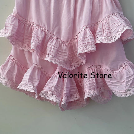 2025 Woman Pink Lace Embroidered Shirt Stand Collar Long Sleeved Hollow Out Buttons Up Matching Layered Shorts Skirts 2pcs set