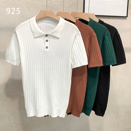 Slim Fit Knitted T-Shirt Short Sleeve Vertical Stripe T-Shirt Summer Fashionable Korean Style Lightweight Casual Top