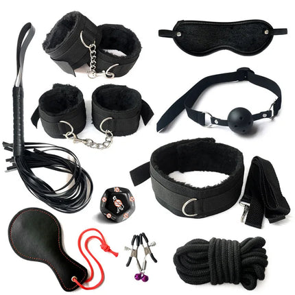 10PCS BDSM Bondage Set Restraint System Handcuffs Ankle Cuffs Collar Whip Ball Gag Cotton Rope Nipple Clamps Adult Sex Toy Kit