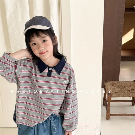 New 2026 New Spring Baby Boys Striped Polo Shirts Long Sleeve Tops Korean Style Toddlers Kids Casual T-shirts