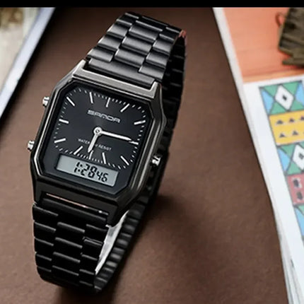 SANDA P747  Dual Display Clock Unisex Waterproof Sports Quartz Watch Luxury Mens Style Watches Stainless Steel Women LED Digital