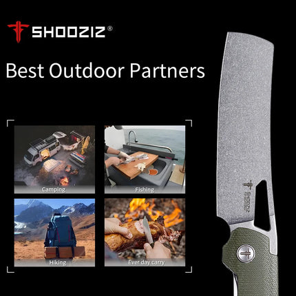 Shooziz Folding Camping Knife,Pocke knife for Man，D2 Satin/Stomewash Blade,Brass Washer for Outdoor EDC Tool,G10/Micarta Handle